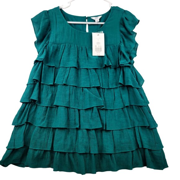 Crown & Ivy Womens Lined Green Tiered Ruffle Flutter Sleeve Top Large - Picture 2 of 9